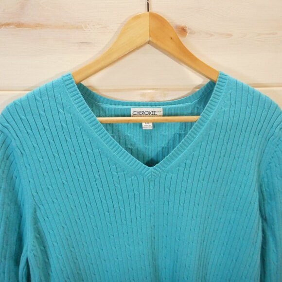 Cherokee Womens size XXL Cable knit Sweater Teal Aqua Blue V-neck - Picture 2 of 9